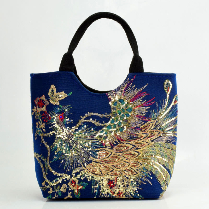 Peacock Embroidered Tote Bag | Canvas Shoulder Crossbody