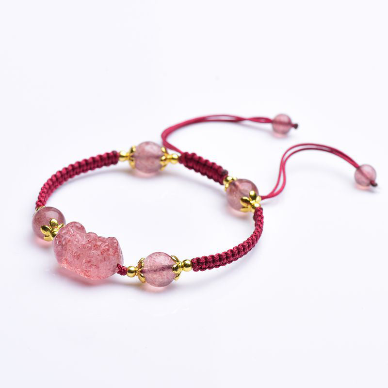 Adjustable Strawberry Quartz Red String Bracelet with Pixiu Charm