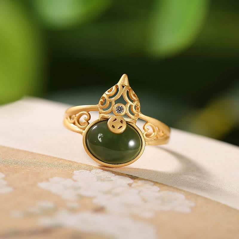 Adjustable Cyan Jade Success & Luck Ring with Copper Coin