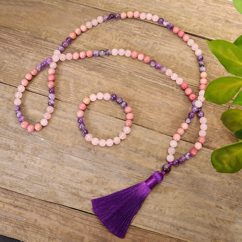 Amethyst Rose Quartz 108 Bead Gemstone Mala Bracelet