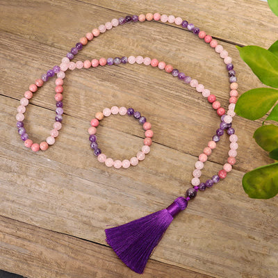 Amethyst Rose Quartz 108 Bead Gemstone Mala Bracelet