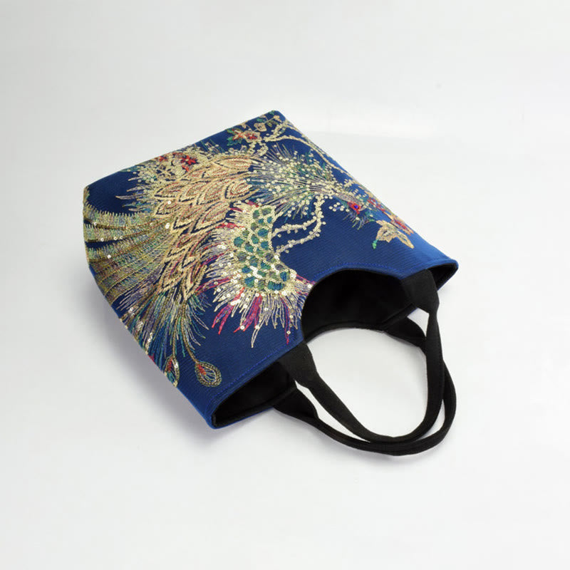 Peacock Embroidered Tote Bag | Canvas Shoulder Crossbody