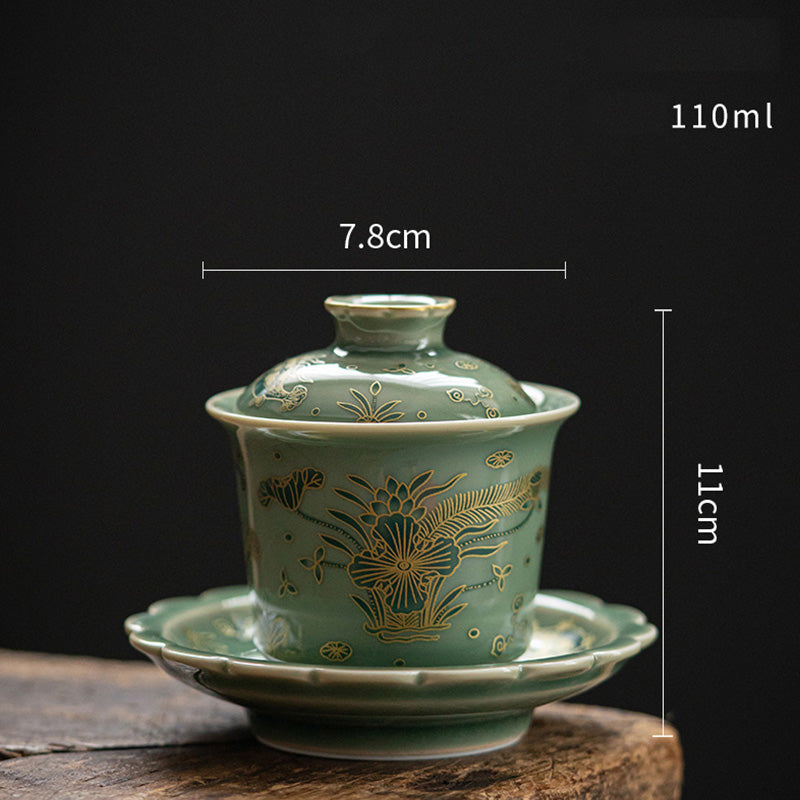 Green Porcelain Gaiwan Tea Set | Butterfly Flower & Salmon Design