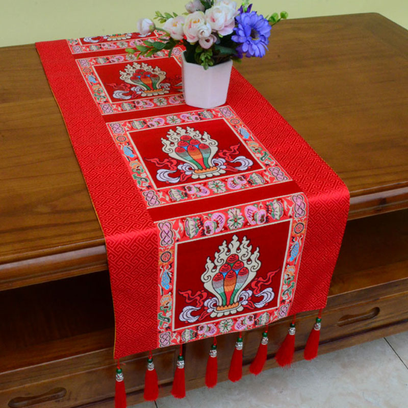 Meditation Altar Mat with Tibetan Vajra and Auspicious Symbols, 95x33cm
