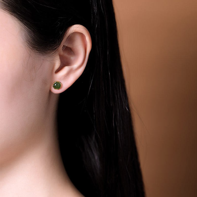 8mm Cyan Jade Stud Earrings in Sterling Silver Gold Plated for Luck