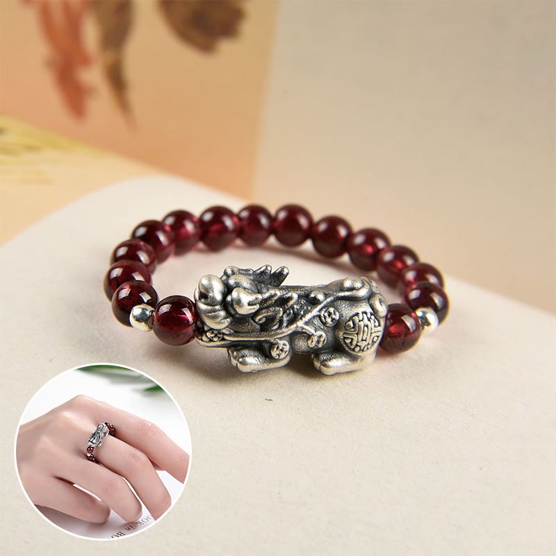 925 Sterling Silver Garnet PiXiu Wealth Ring for Protection