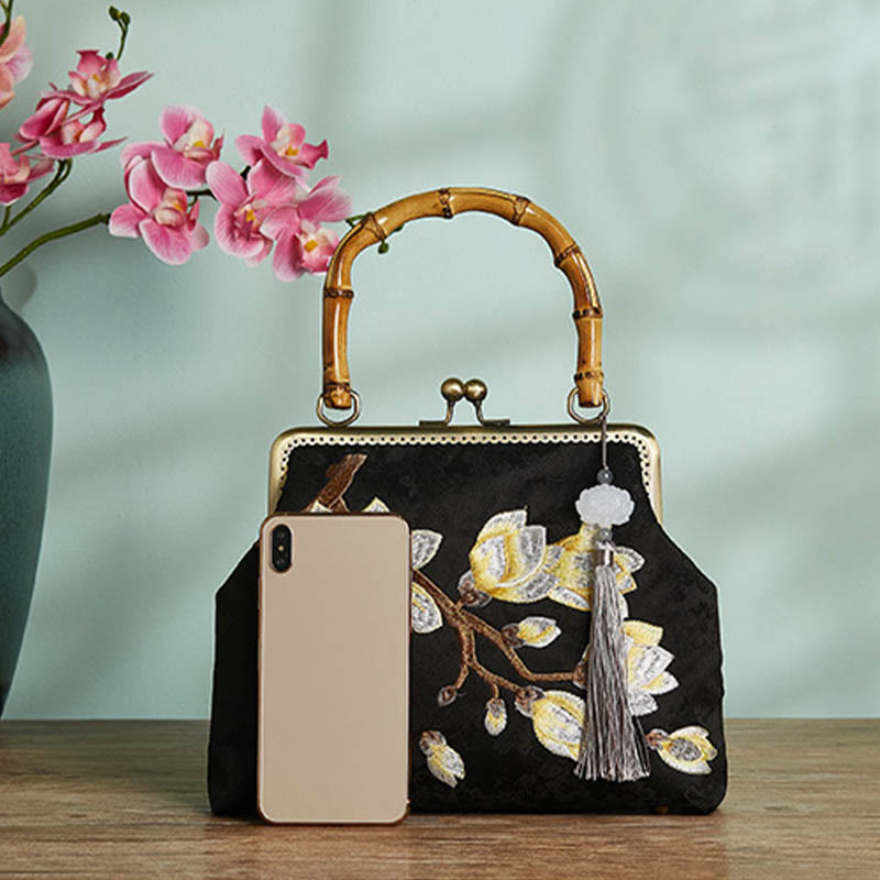 Plum Blossom Embroidery Handbag with Bamboo Handle | Elegant Crossbody