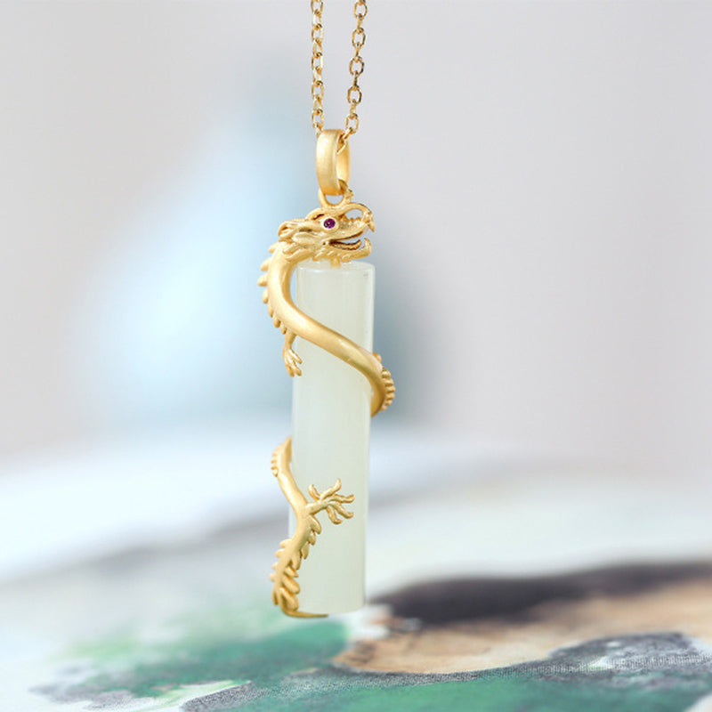 White Jade Copper Dragon Pendant Necklace for Protection