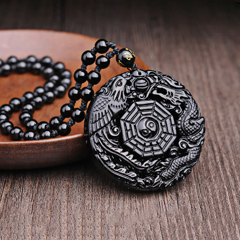 Obsidian Bagua Dragon Phoenix Fulfilment Pendant Necklace