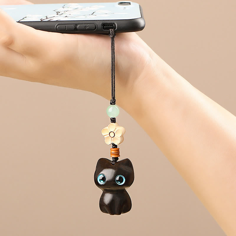 Ebony Wood Lucky Cat Key Chain for Spiritual Peace & Balance