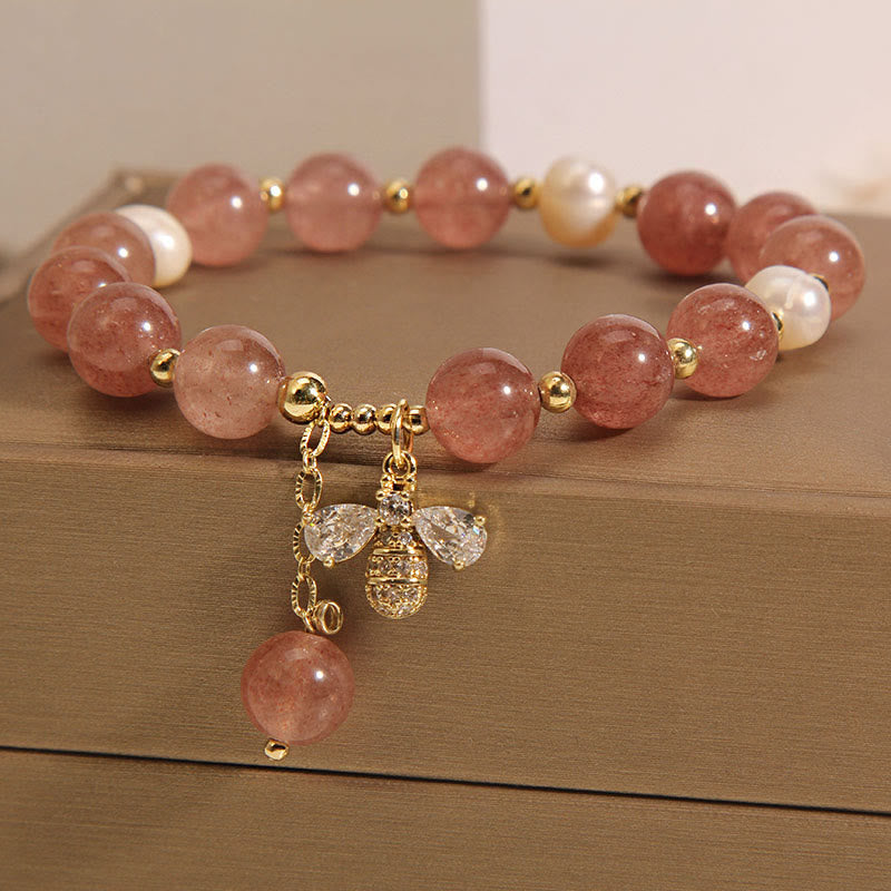 Strawberry Quartz Pearl Positive Energy Charm Bracelet