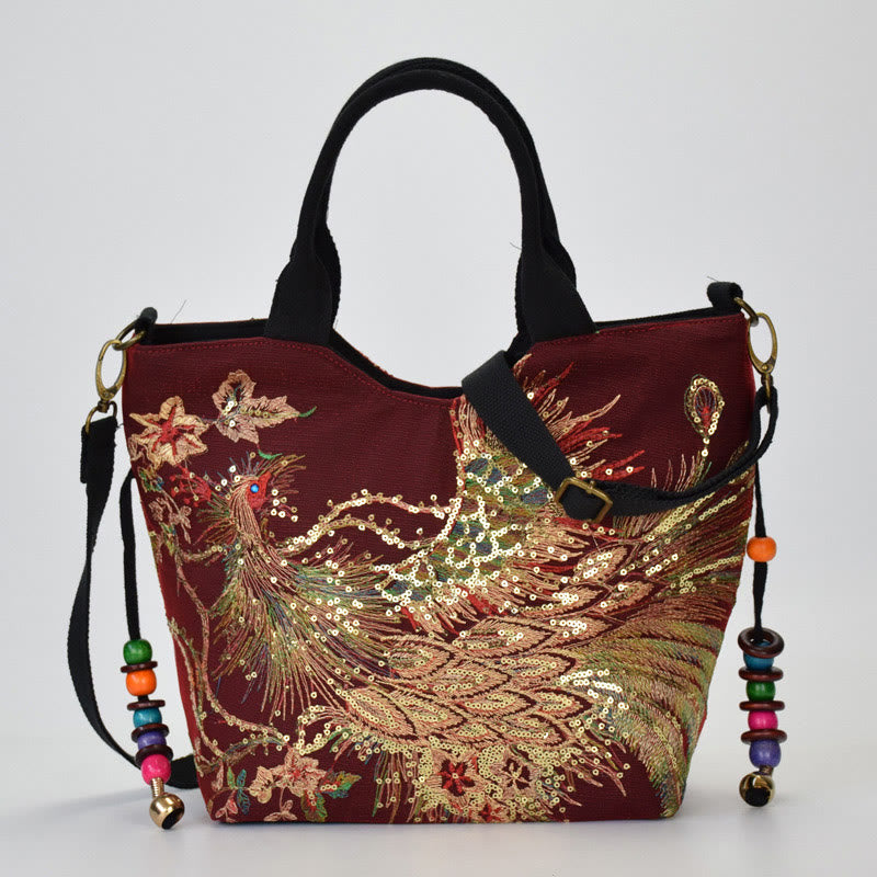 Peacock Embroidered Tote Bag | Canvas Shoulder Crossbody