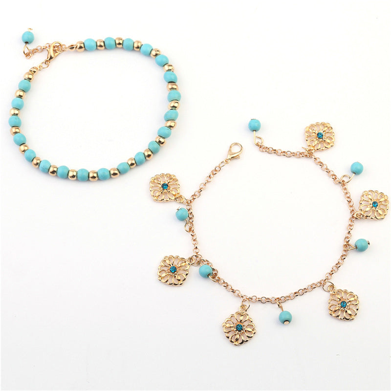 Turquoise Flower Protection Bracelet and Anklet Set