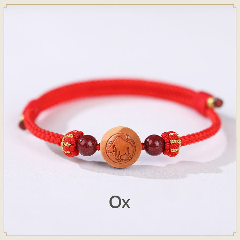 Natural Peach Wood Chinese Zodiac Fu Cinnabar Wealth Bracelet