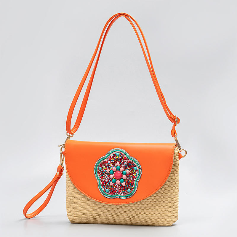 Hamsa Straw Crossbody Bag with Elephant & Flower Designs