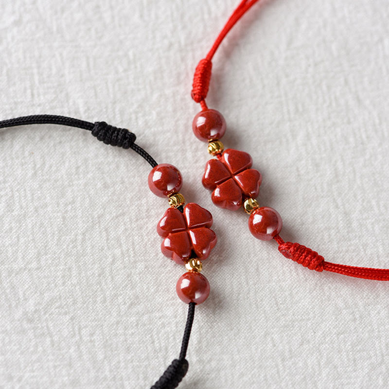 Cinnabar String Bracelet with Four Leaf Clover for Calm & Blessing