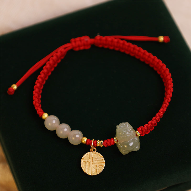 Unisex Hetian Jade Dragon Bracelet with Fu Character for Luck