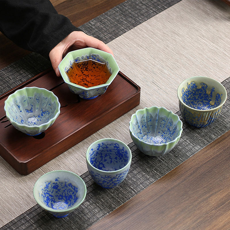 Retro Blue Red Gradient Lotus Ceramic Teacup Bowl