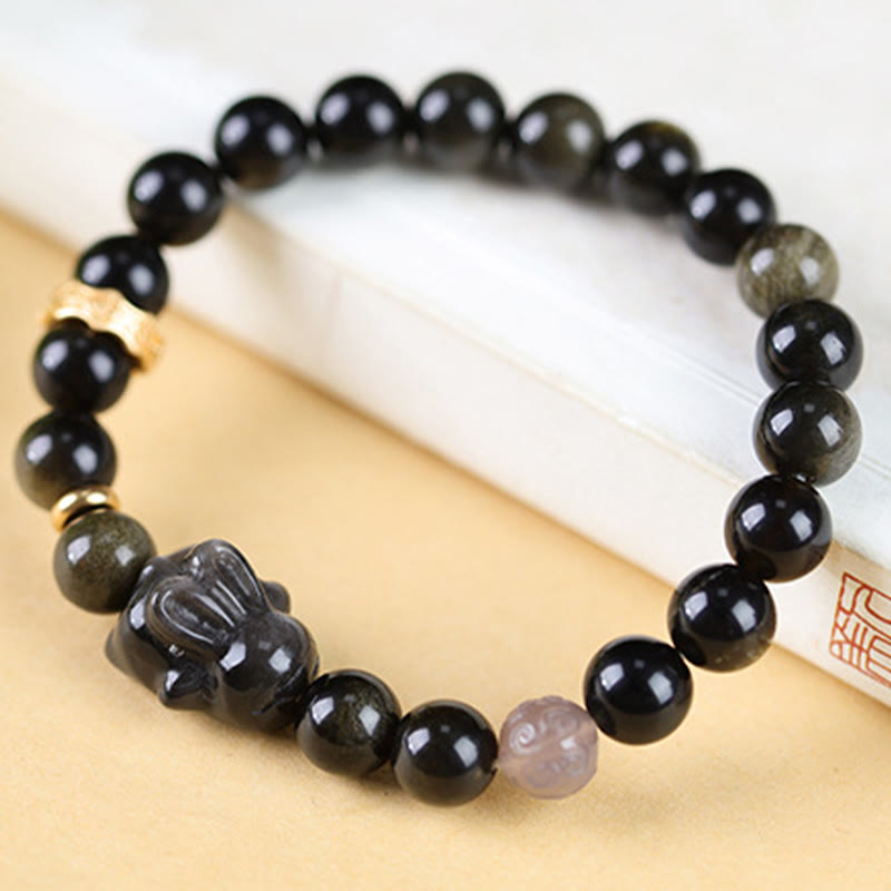 8mm Gold Sheen Obsidian Protection Bracelet with Rabbit Charm