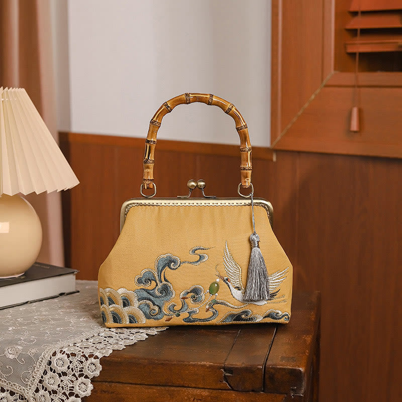 Auspicious Clouds Cranes Embroidery Bamboo Handle Handbag