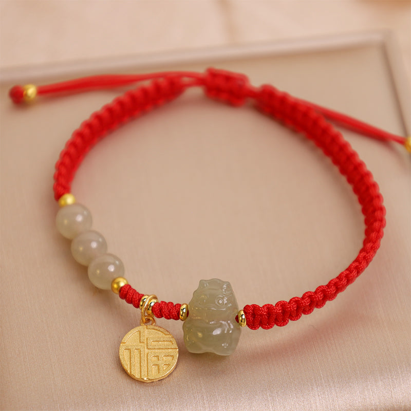 Unisex Hetian Jade Dragon Bracelet with Fu Character for Luck