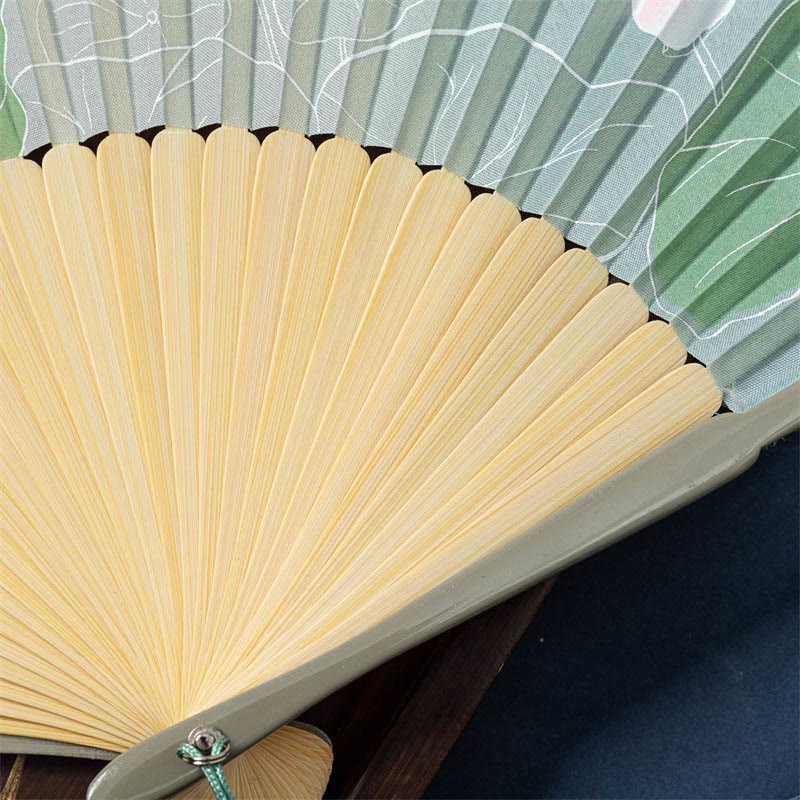 21cm Chinese Folding Fan with Lotus Begonia Jasmine Motifs in Bamboo Frame
