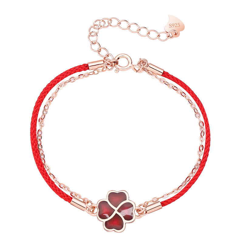 Color-changing Four Leaf Clover Red String Bracelet in 925 Silver for Luck