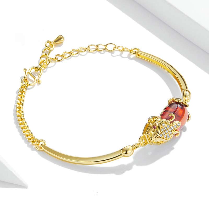 Golden Red Agate Pixiu Bracelet 7.5in Wealth & Luck