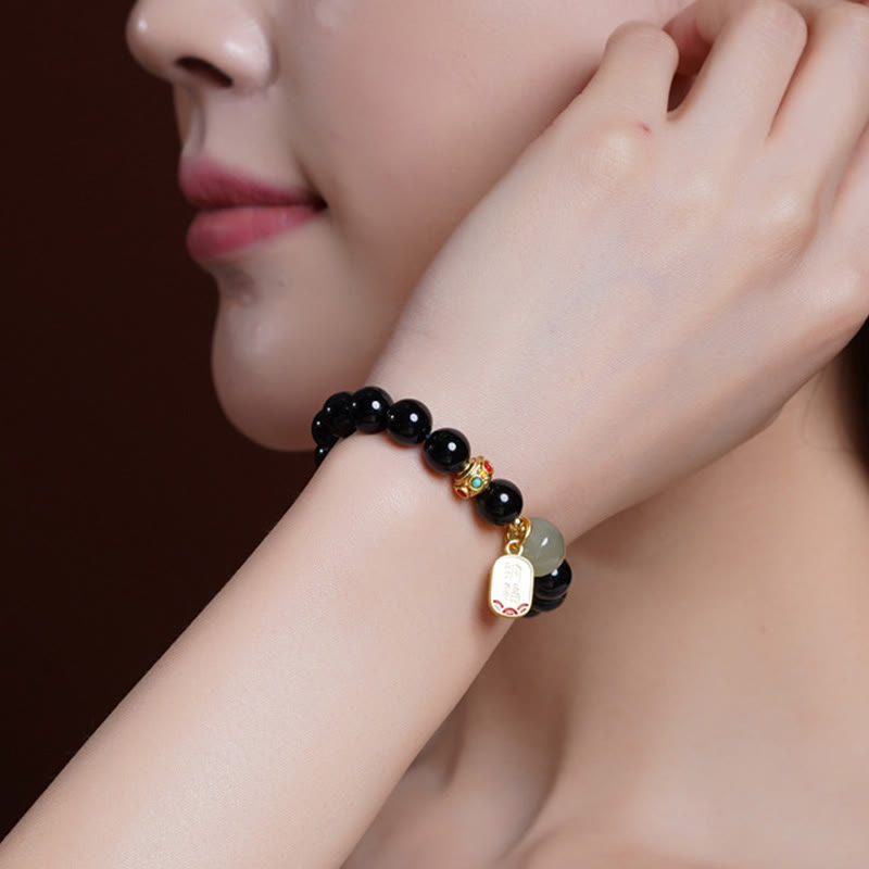 Black Onyx & Hetian Jade Lucky Fortune 8mm Bracelet