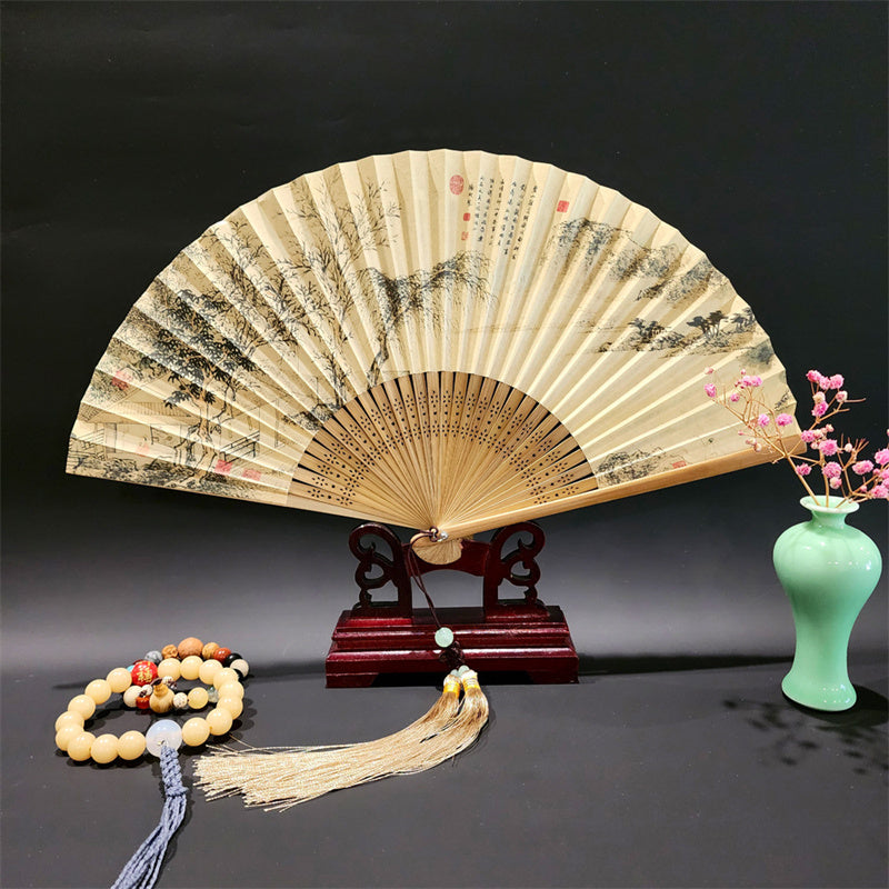 22cm Folding Fan with Panoramic Rivers and Mountains Design