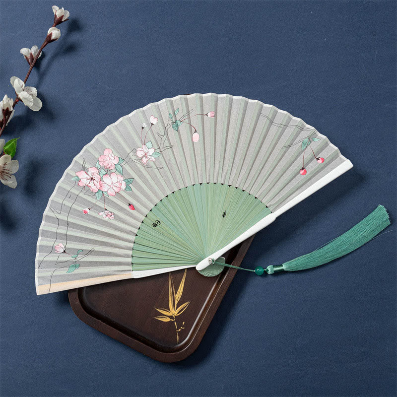 21cm Chinese Folding Fan with Lotus Begonia Jasmine Motifs in Bamboo Frame