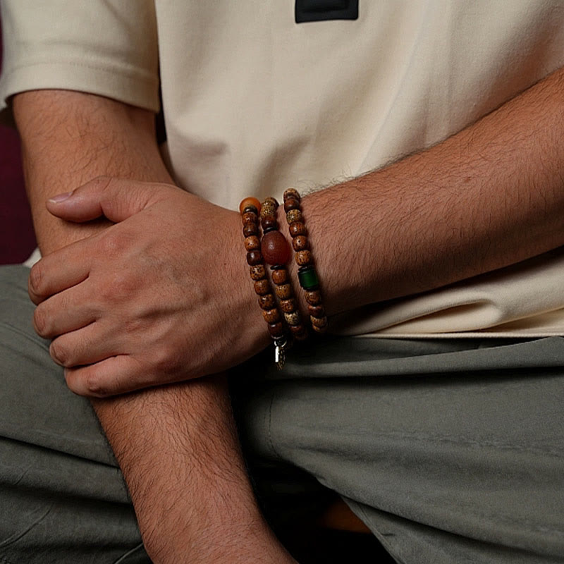 Triple Wrap Agate Bracelet with Bodhi Seed & Amber Beads