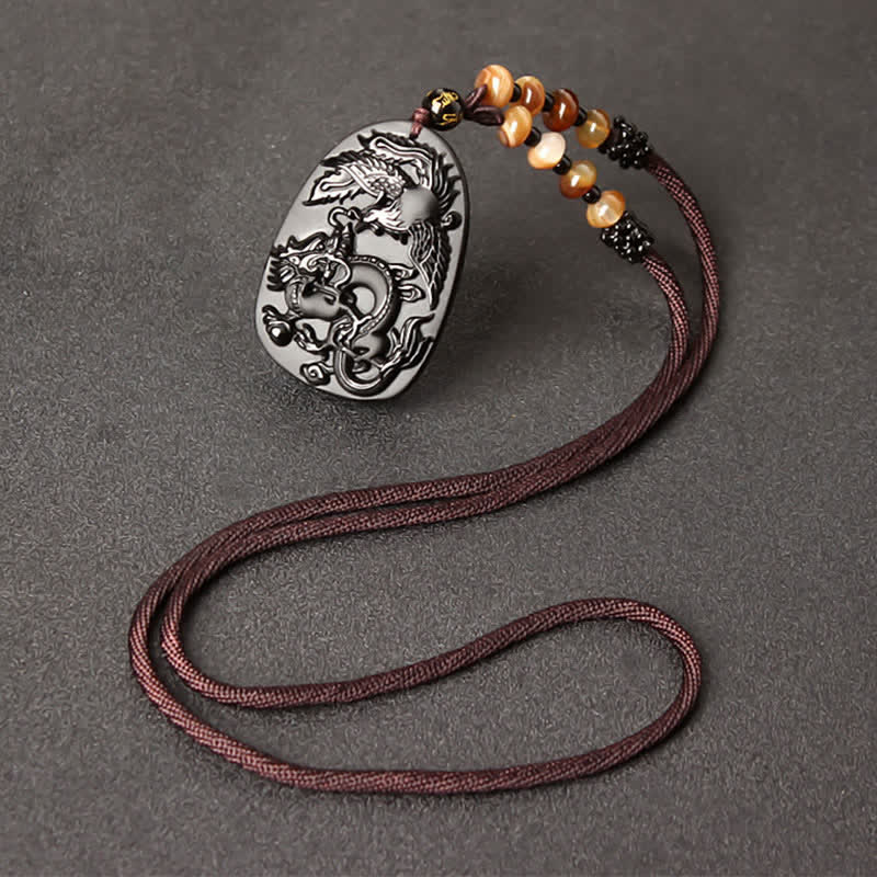 Black Obsidian Dragon Necklace with Tiger Eye Pendant for Protection