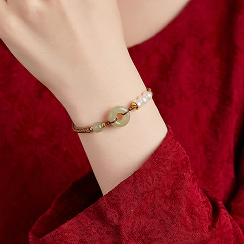 Natural Hetian Jade Pearl Peace Buckle Luck Bracelet