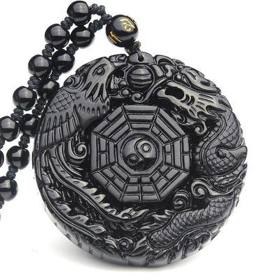 Obsidian Bagua Dragon Phoenix Fulfilment Pendant Necklace