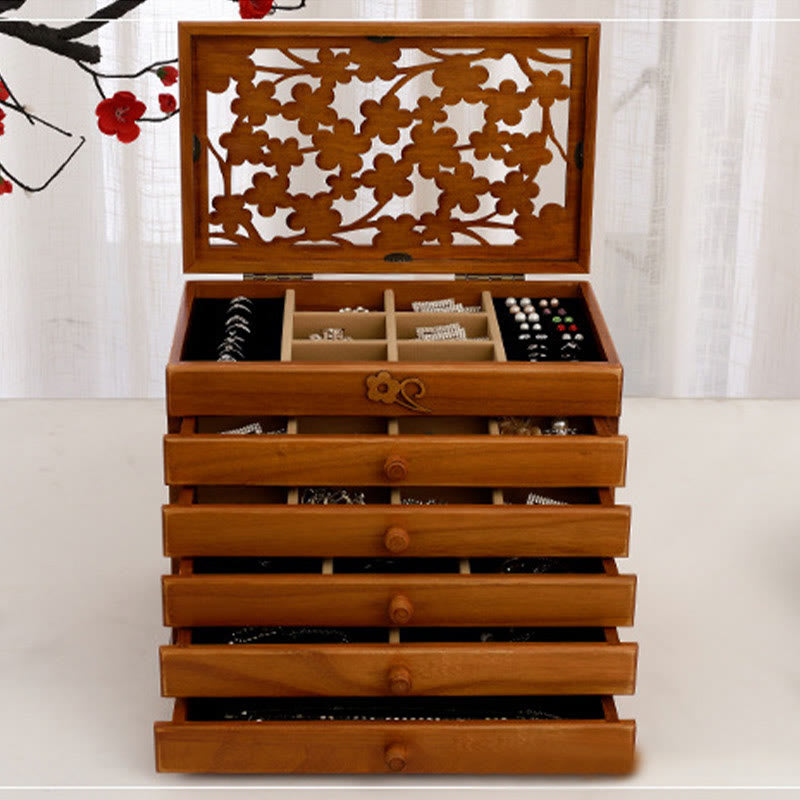 Six-Layer Wooden Jewelry Box with Vintage Plum Blossom Carvings