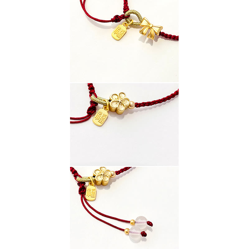 Red String Bracelet with Fu Character Charm and Peach Blossom Detail