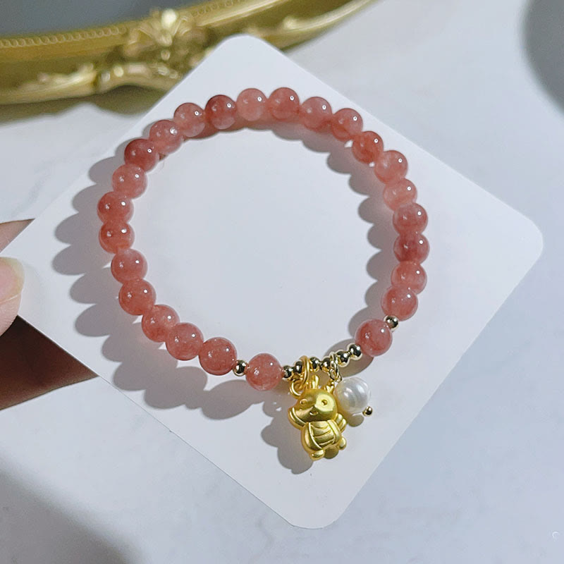 Strawberry Quartz Dragon Pearl Charm Protection Bracelet