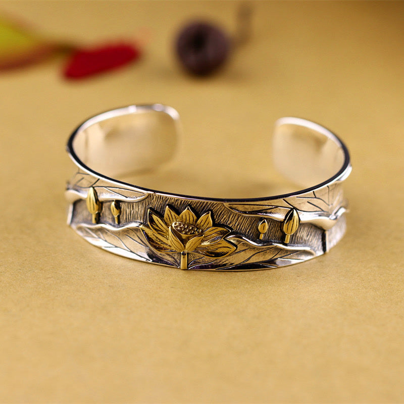 Lotus Flower Calm Bracelet in 925 Sterling Silver Adjustable