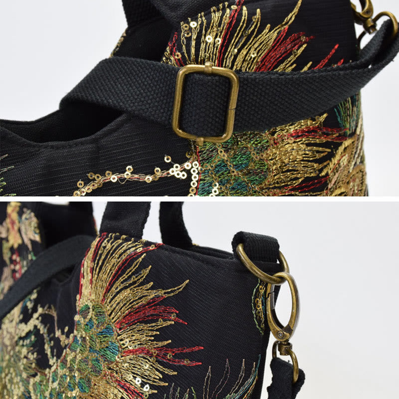 Peacock Embroidered Tote Bag | Canvas Shoulder Crossbody