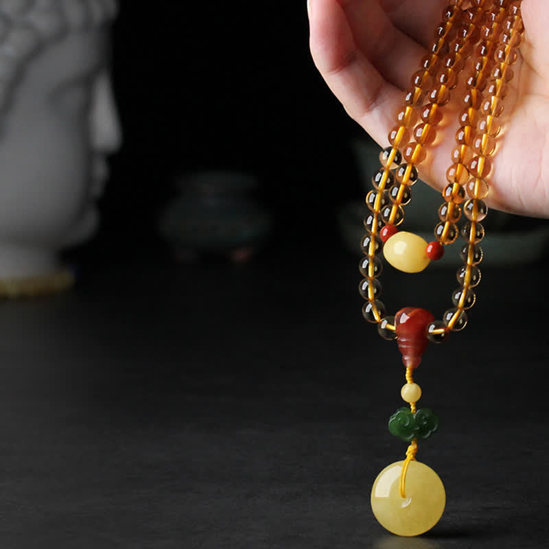108 Bead Citrine and Amber Gemstone Mala Bracelet for Peace
