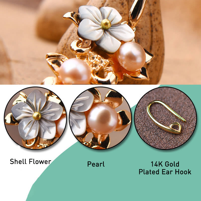 14K Gold Plated Tridacna Stone Pearl Drop Earrings