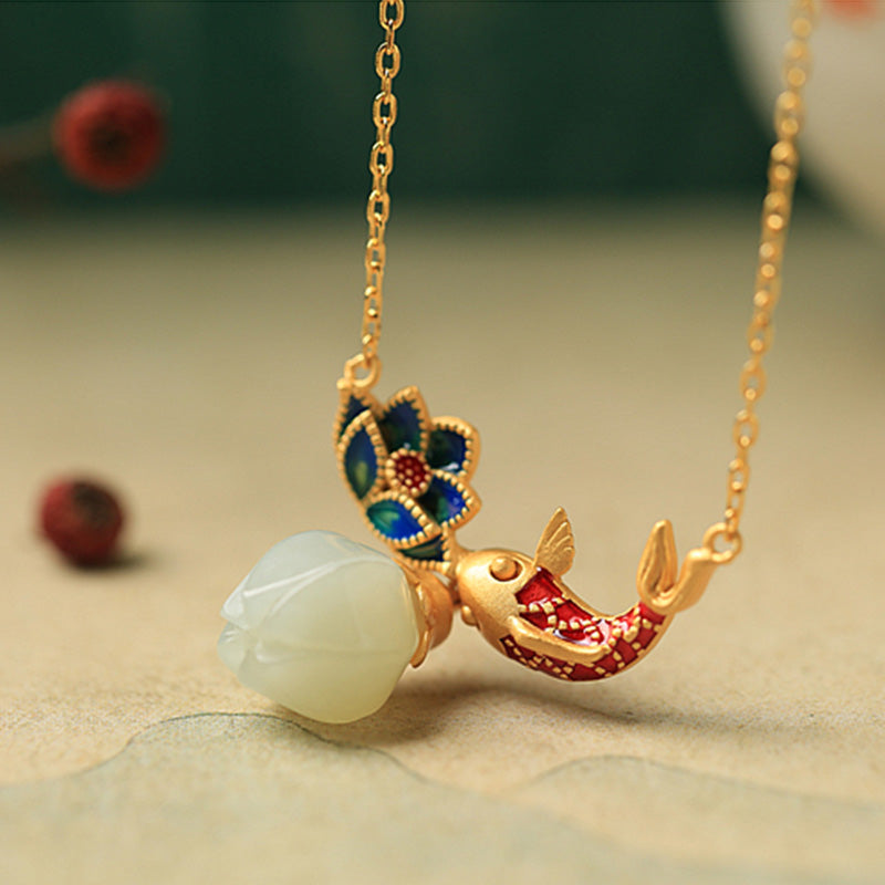 White Jade Koi Fish Lotus Protection Necklace Pendant