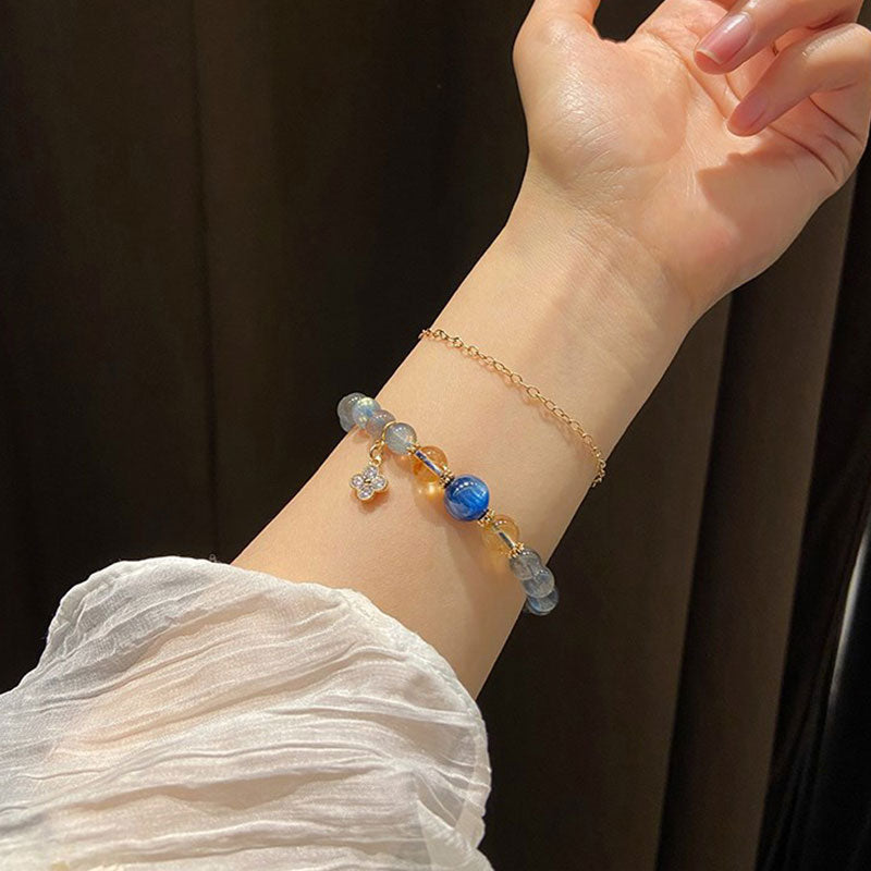 Moonstone Flower Charm Healing Bracelet 6-7mm Beads