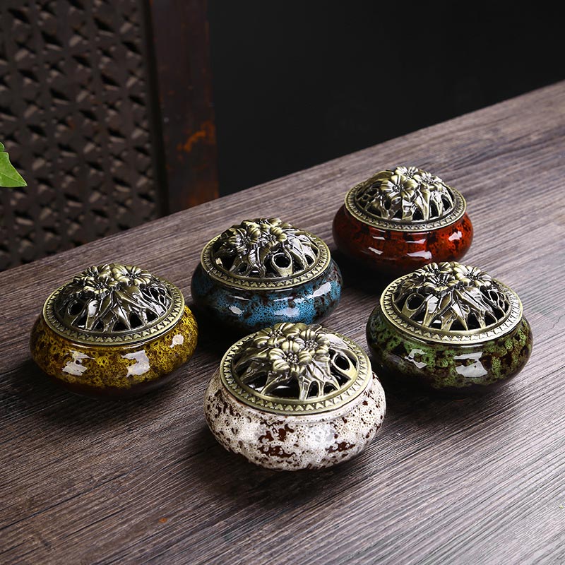 Flower Pattern Ceramic Incense Burner for Meditation & Blessing