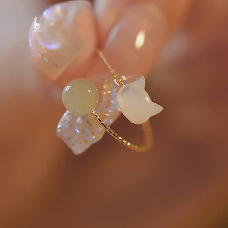 Tridacna Stone Cat Head Jade Blessing Ring for Balance