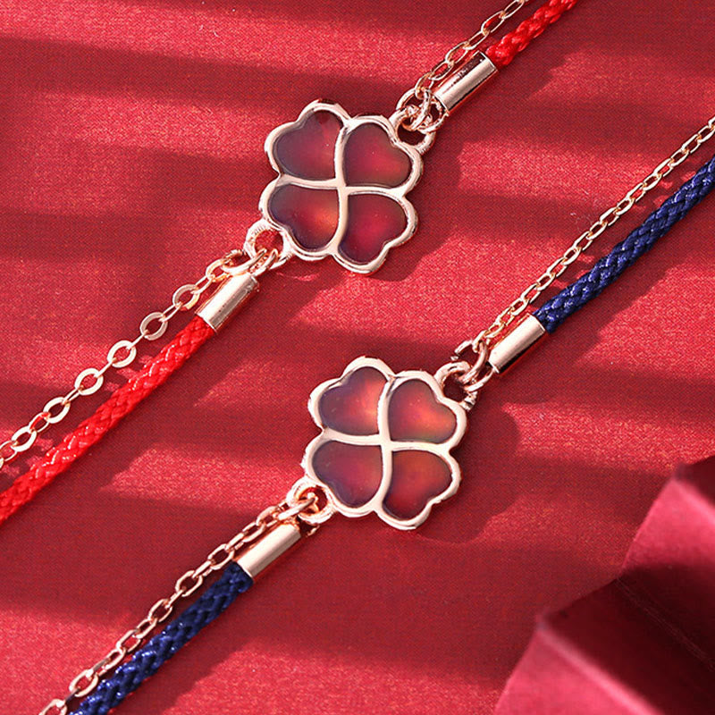 Color-changing Four Leaf Clover Red String Bracelet in 925 Silver for Luck