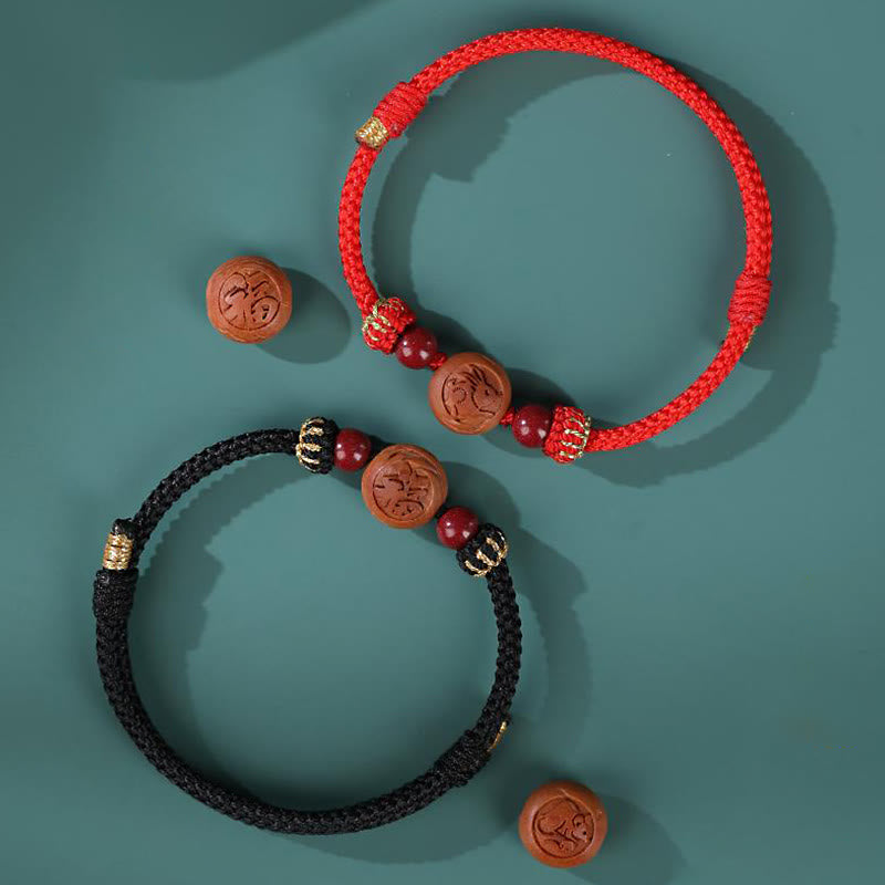 Natural Peach Wood Chinese Zodiac Fu Cinnabar Wealth Bracelet