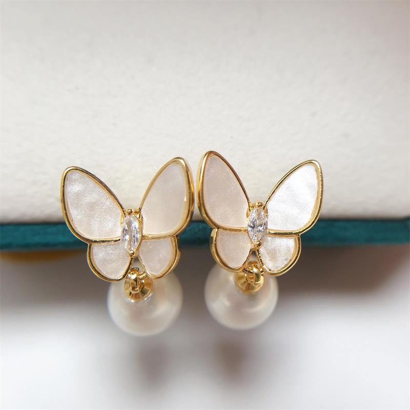 Butterfly Pearl Stud Earrings with 925 Silver Posts for Optimism
