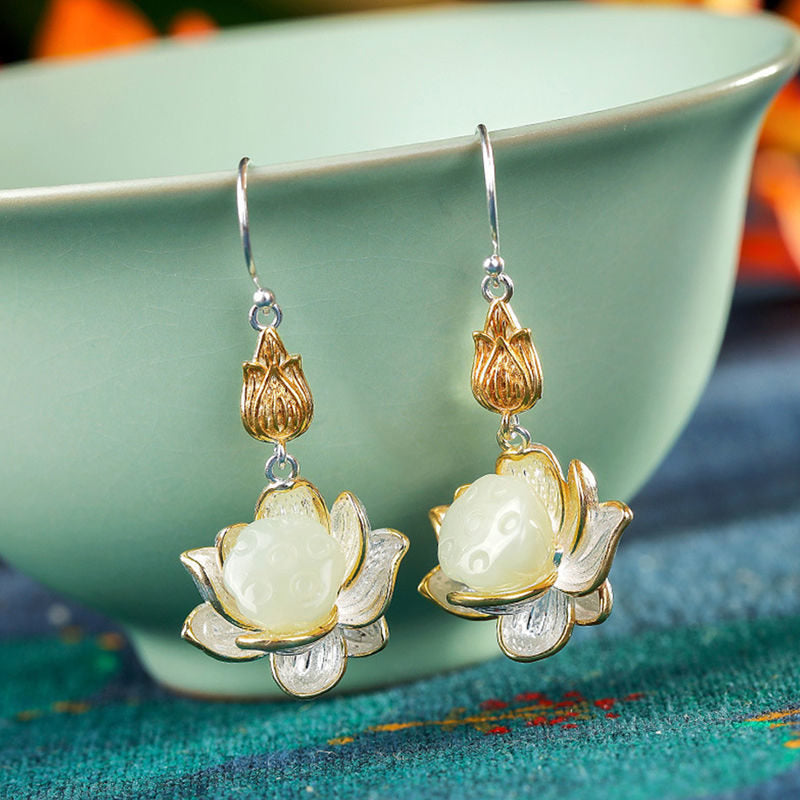 White Jade Protection Harmony Lotus Drop Earrings